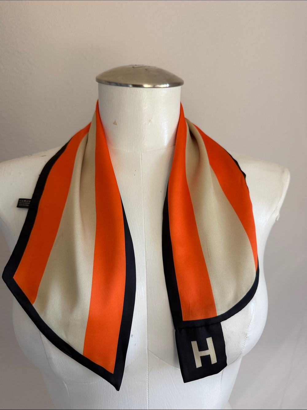 Hermès-Inspired Orange & Cream Silk Scarf with Black Trim